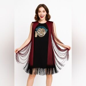 Elisabetta Franchi sequins face black fringe mini dress IT size 44/ US 6/8 lbd